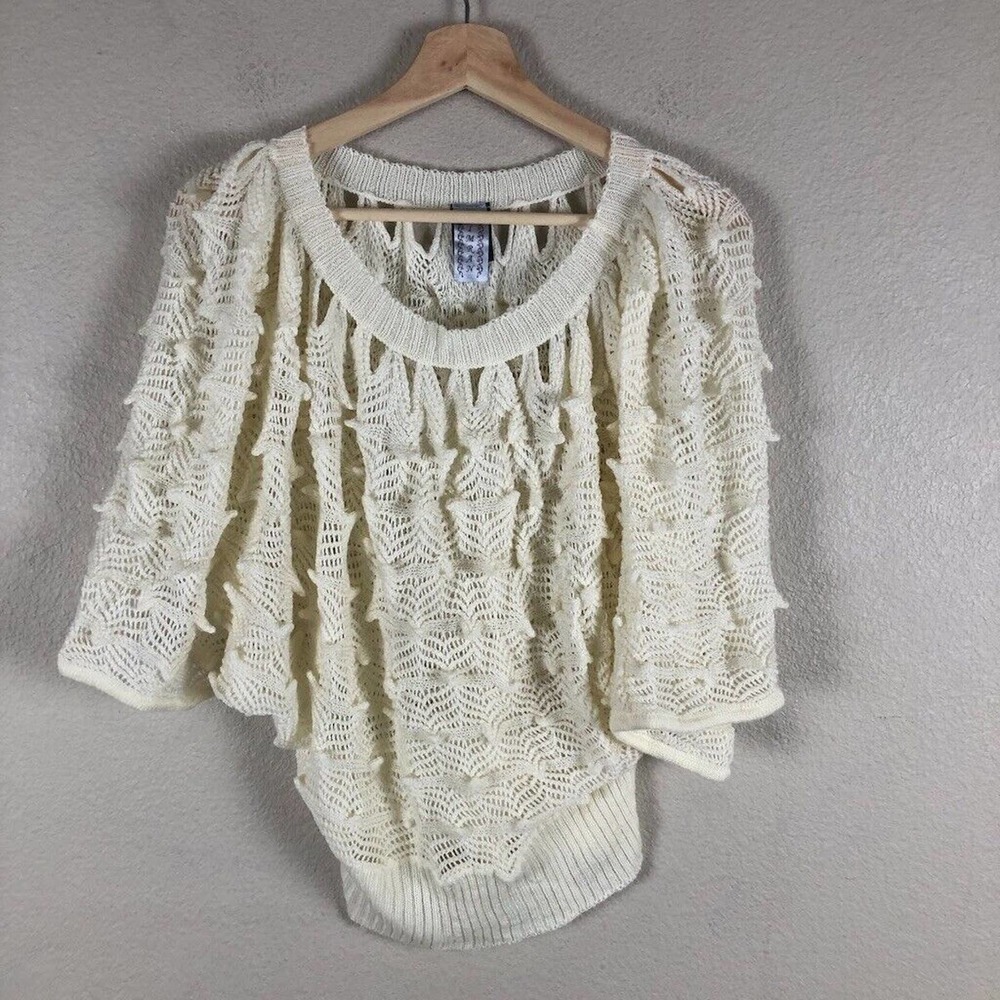 Simran‎ Shirt Cream Crochet Crew Neck Open Romantic Cottagecore Womens One Size